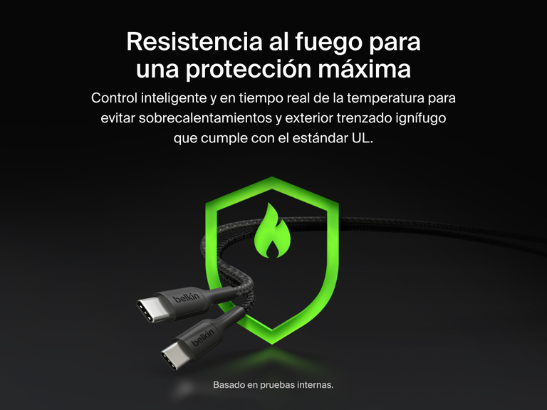 El cable trenzado USB-C a doble USB-C BoostCharge Pro de Belkin posee una construcci&oacute;n ign&iacute;fuga que incorpora un sistema de protecci&oacute;n contra el fuego en tiempo real para proporcionar una carga de 140 W segura y fiable.